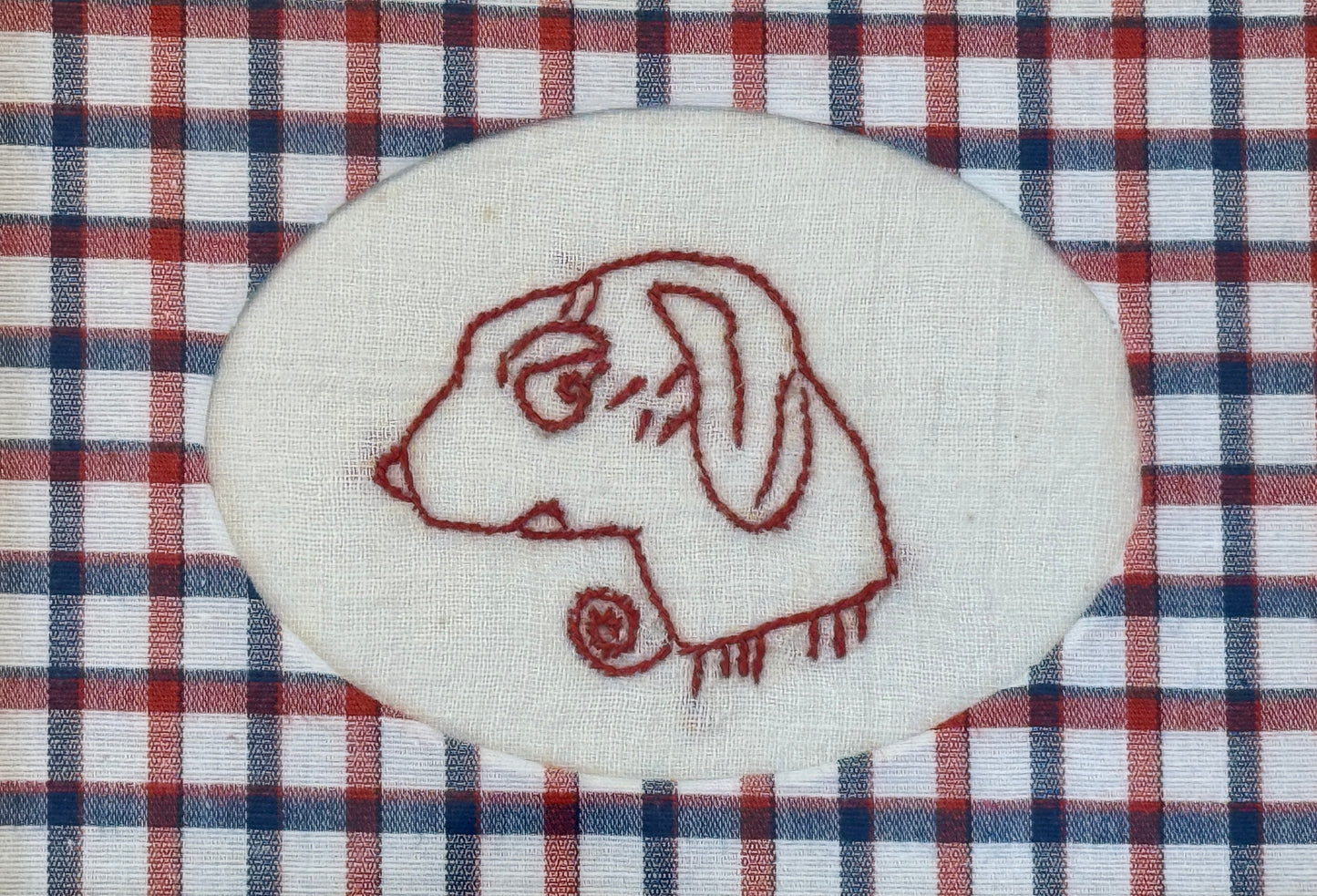 Vintage Redwork Comical Side Eye Dog Embroidery with Plaid Wrapped Mat in Gold Frame