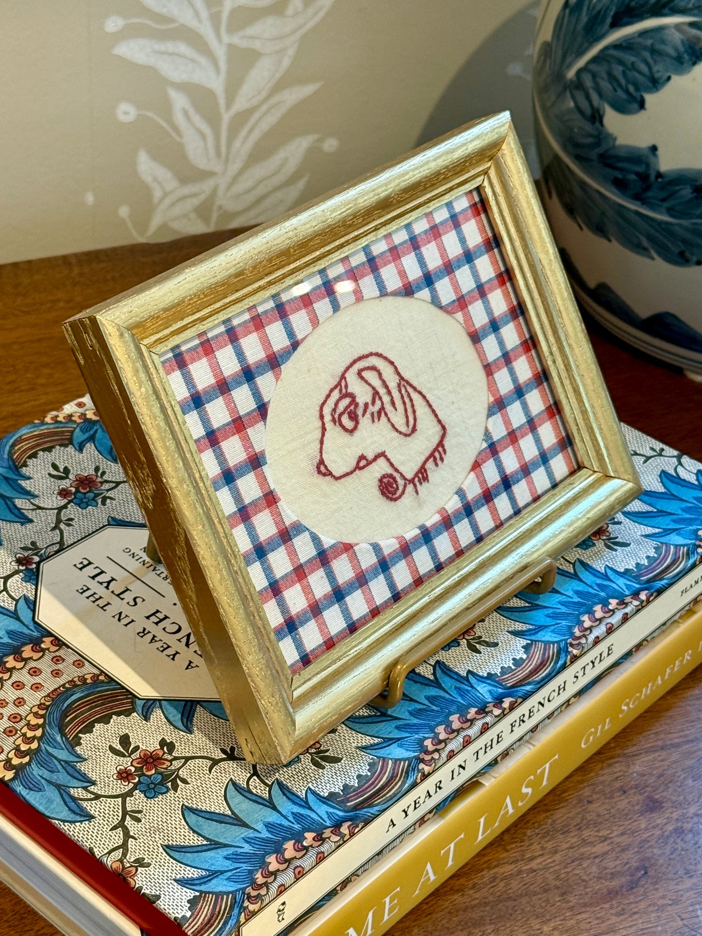 Vintage Redwork Comical Side Eye Dog Embroidery with Plaid Wrapped Mat in Gold Frame