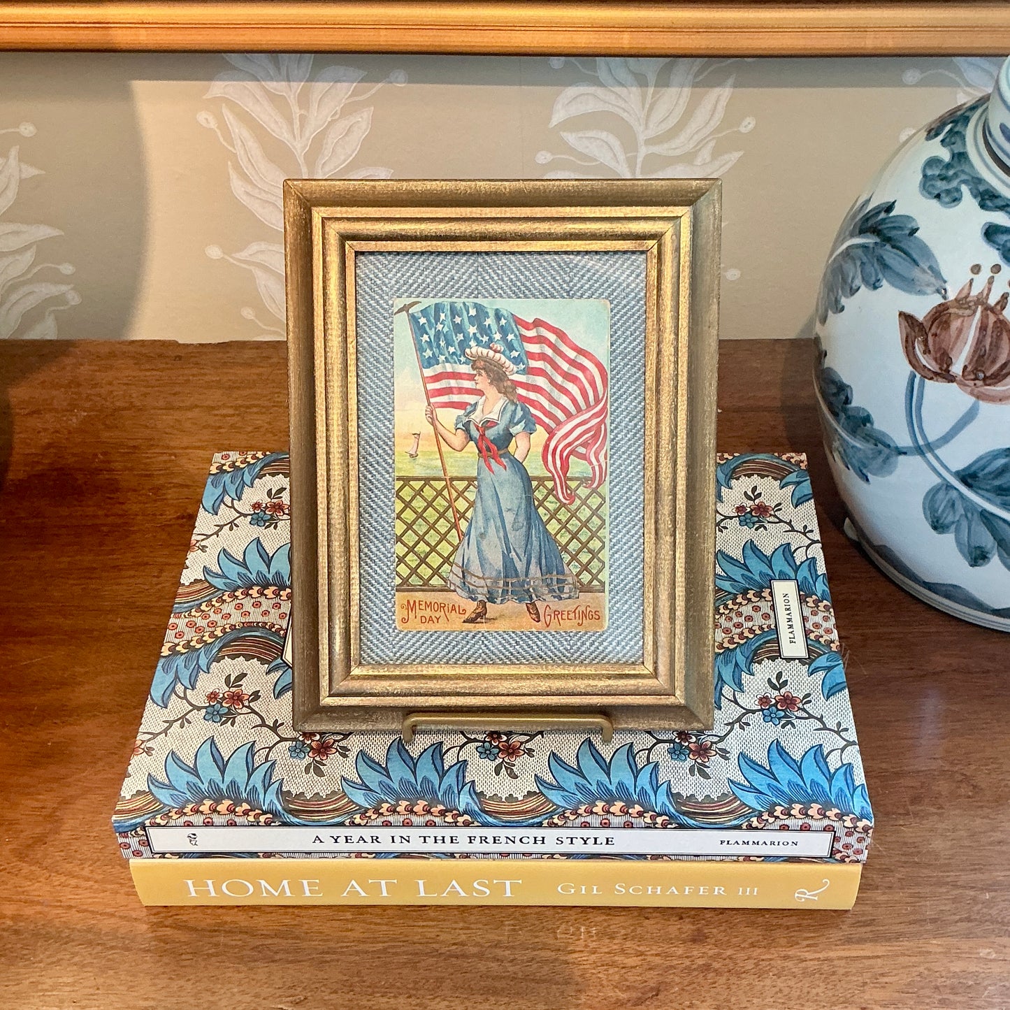 Antique Patriotic Memorial Day Nautical Postcard on Light Blue Herringbone in Gold Frame