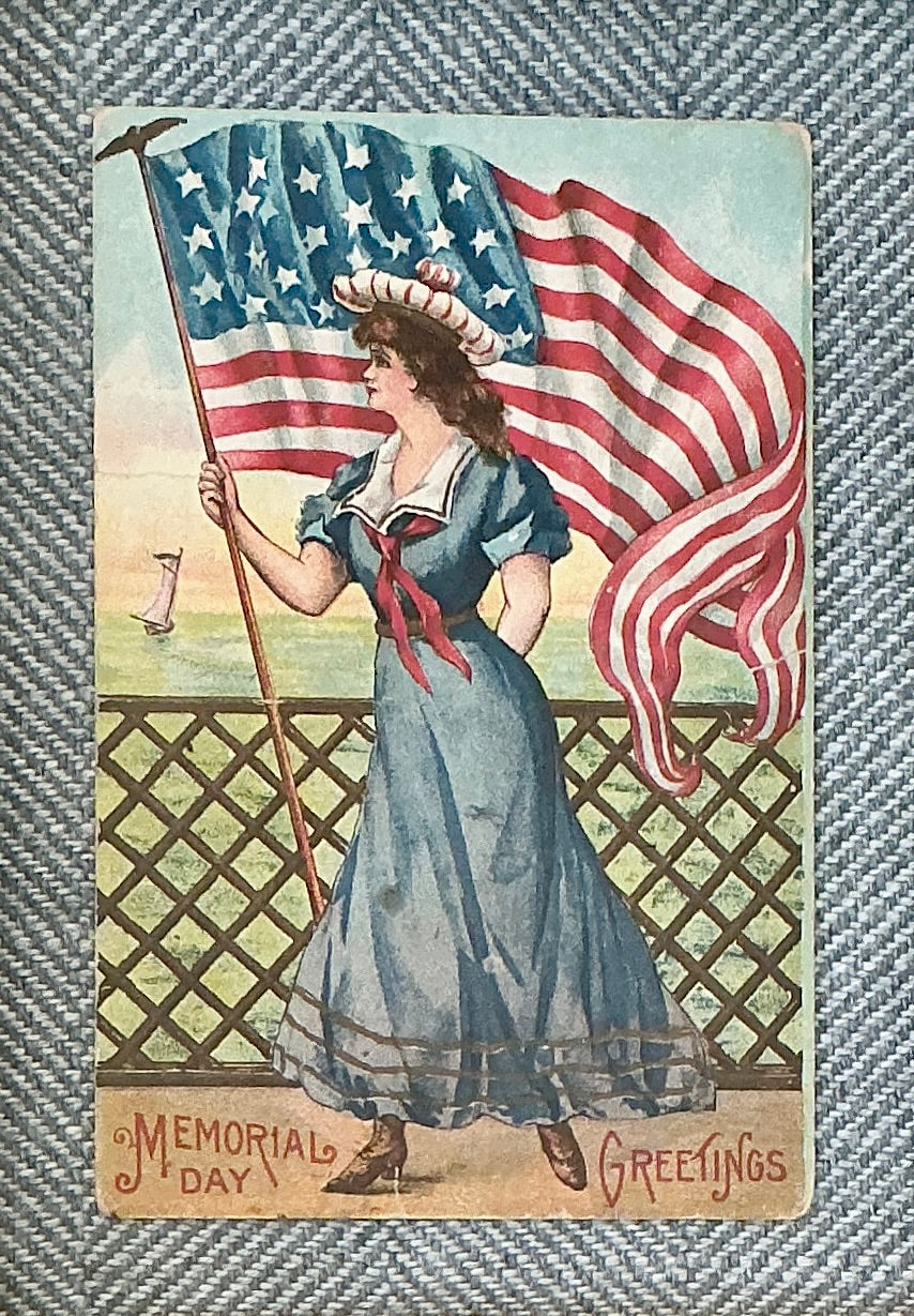 Antique Patriotic Memorial Day Nautical Postcard on Light Blue Herringbone in Gold Frame