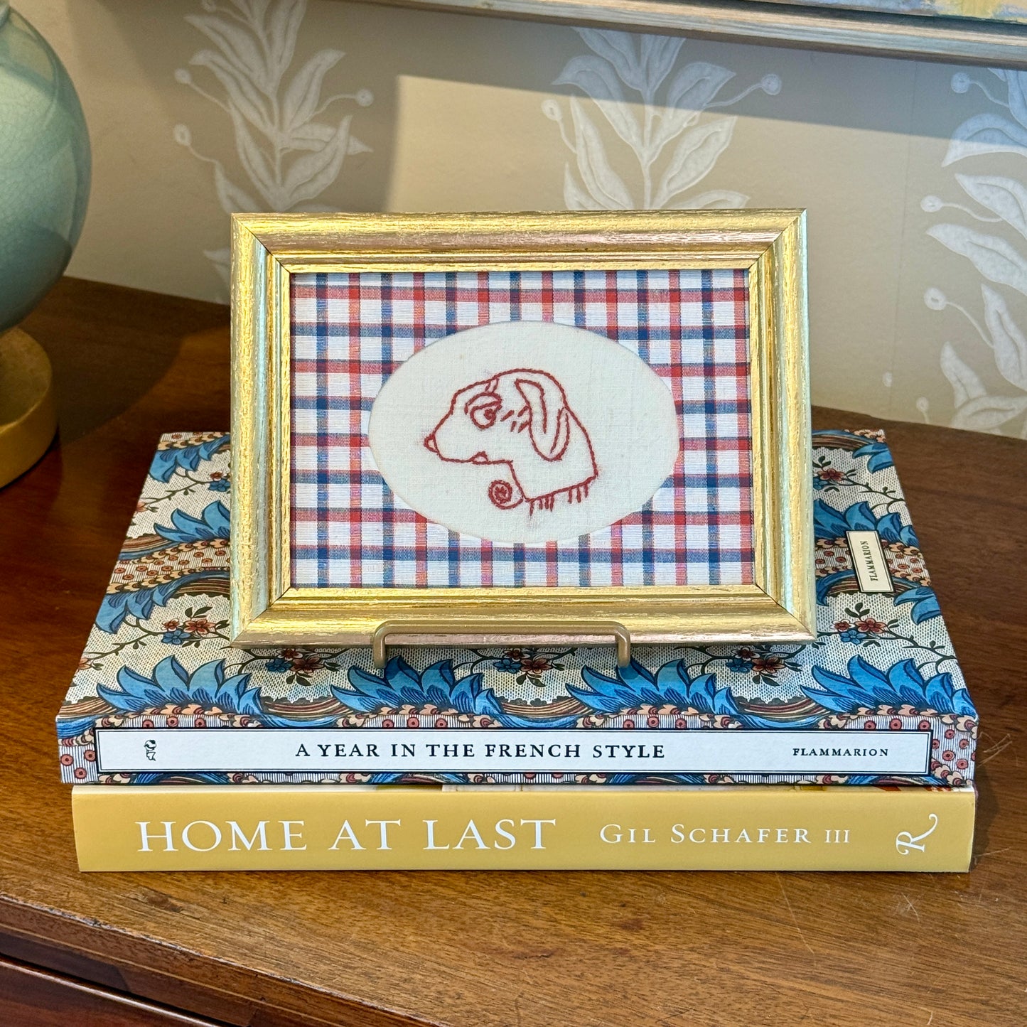 Vintage Redwork Comical Side Eye Dog Embroidery with Plaid Wrapped Mat in Gold Frame