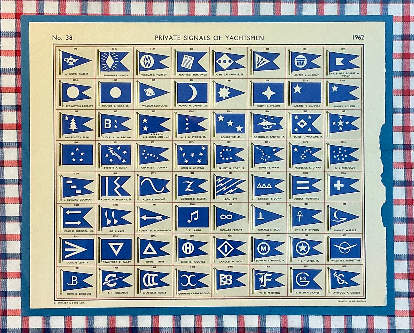 1962 Private Signals of Yachtsmen Flags on Red and White Check in Gold Frame