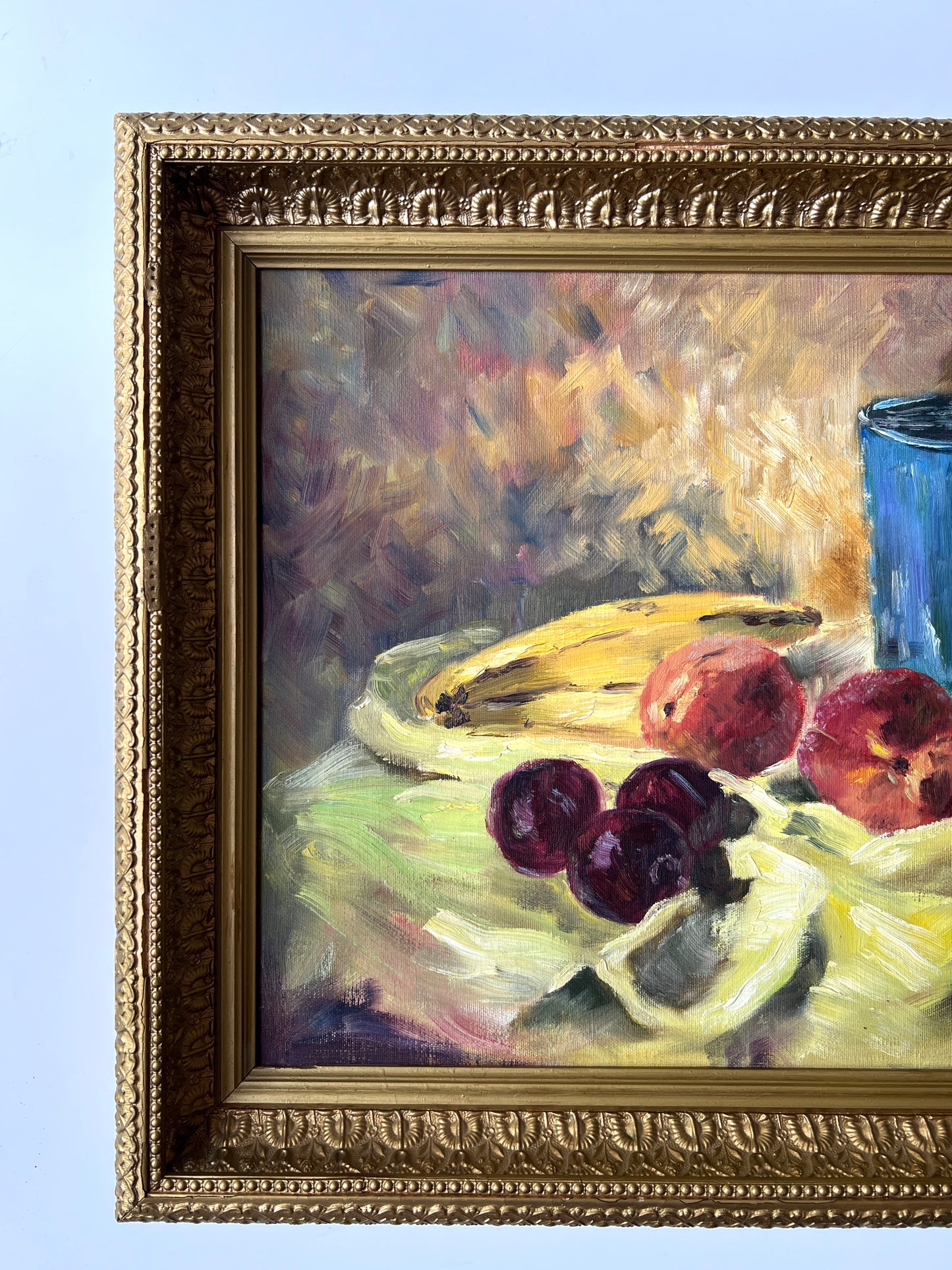 Vintage Still Life of Banana, Peaches, Plums Oil Painting in Ornate Gilt Frame