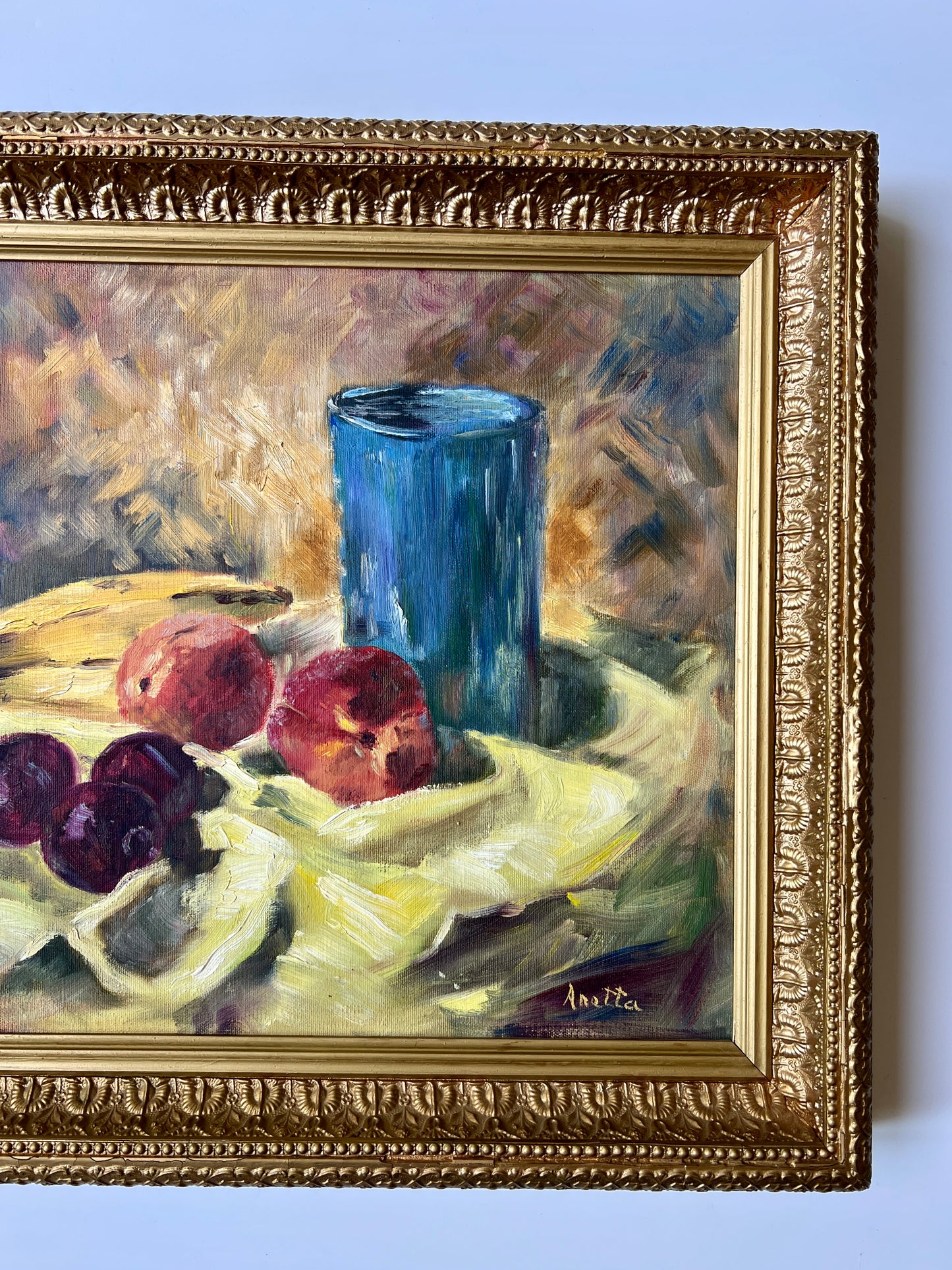 Vintage Still Life of Banana, Peaches, Plums Oil Painting in Ornate Gilt Frame