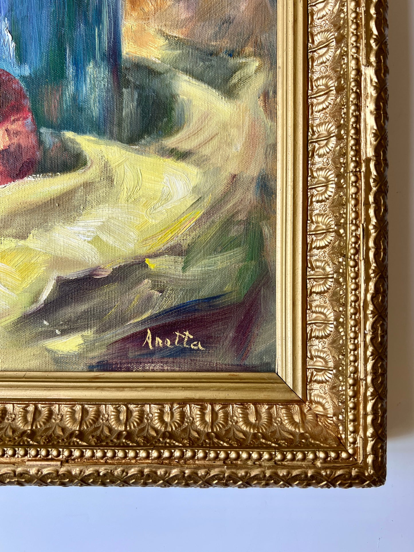 Vintage Still Life of Banana, Peaches, Plums Oil Painting in Ornate Gilt Frame