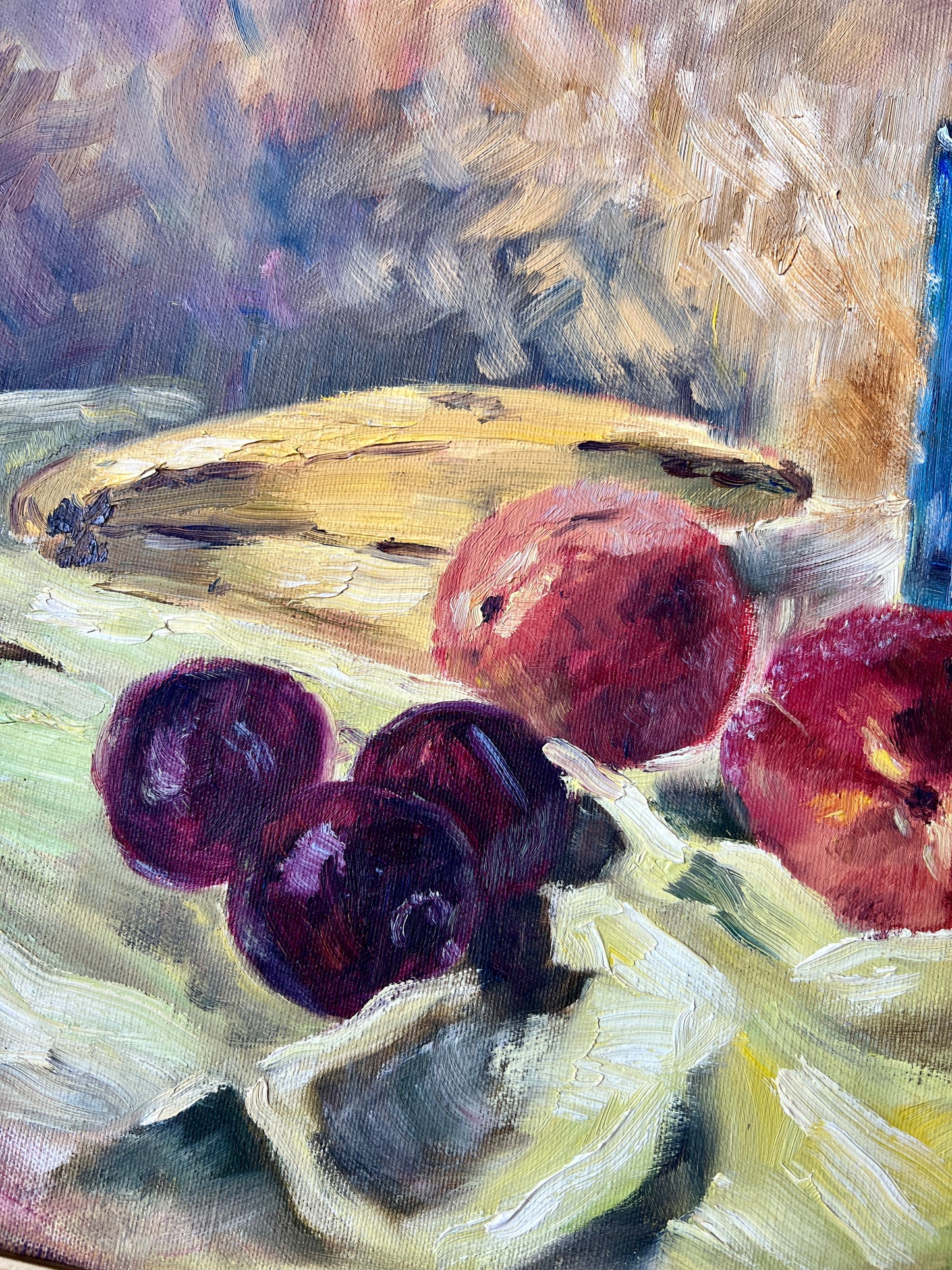 Vintage Still Life of Banana, Peaches, Plums Oil Painting in Ornate Gilt Frame