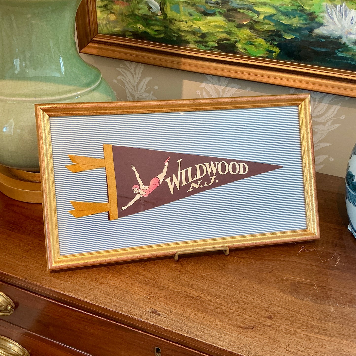 Vintage Wildwood New Jersey Swan Diver Felt Pennant on Blue Ticking Stripes in Gold Frame