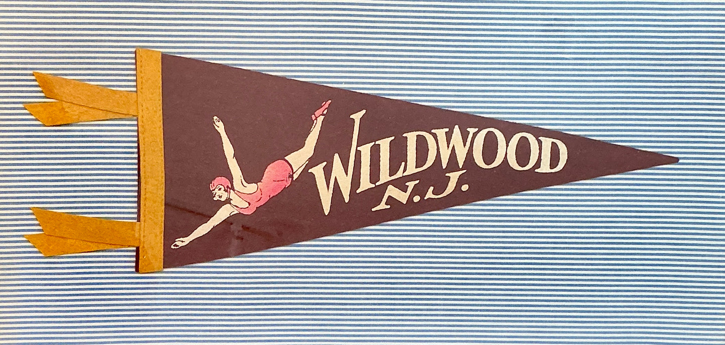 Vintage Wildwood New Jersey Swan Diver Felt Pennant on Blue Ticking Stripes in Gold Frame