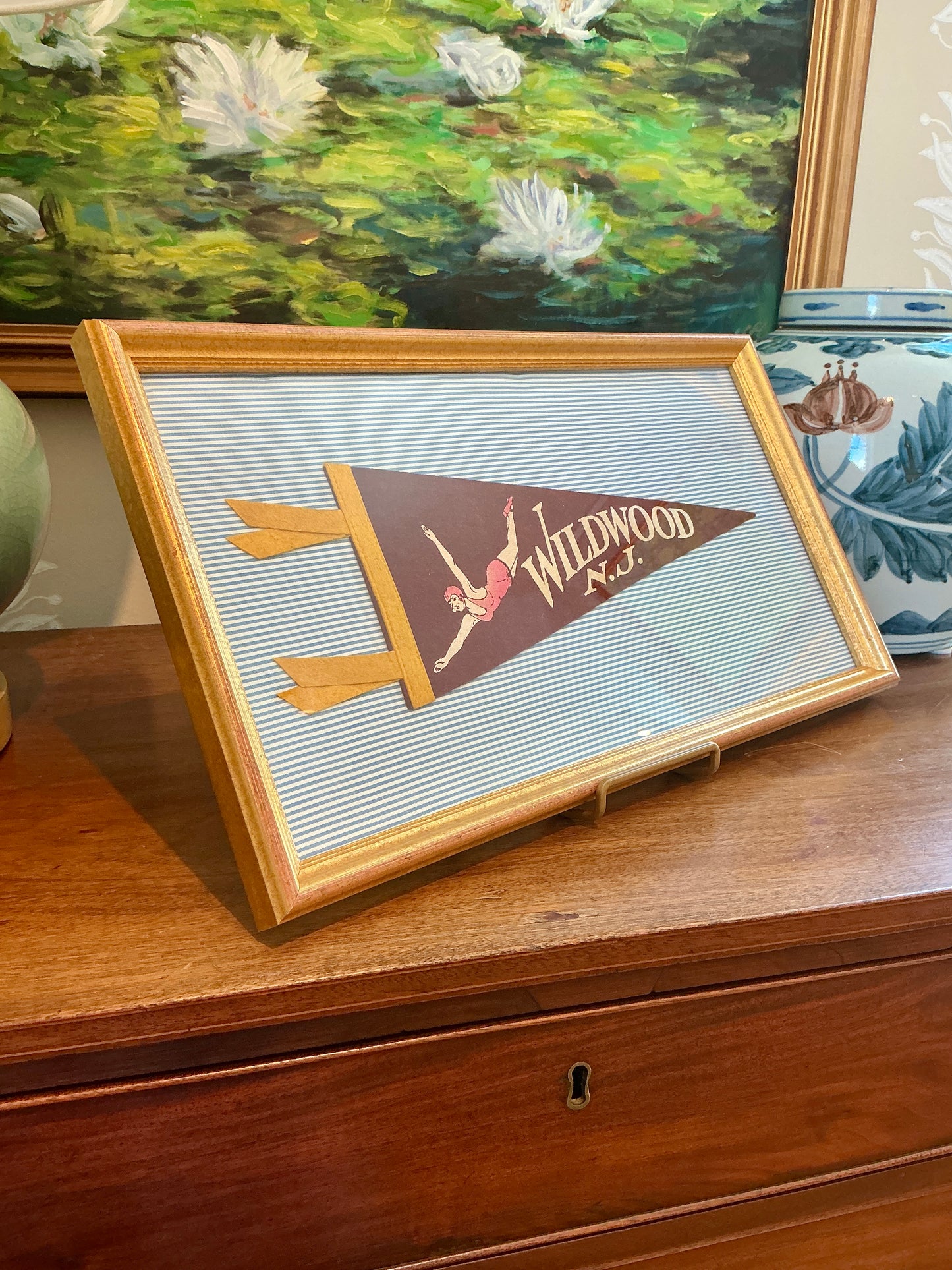 Vintage Wildwood New Jersey Swan Diver Felt Pennant on Blue Ticking Stripes in Gold Frame