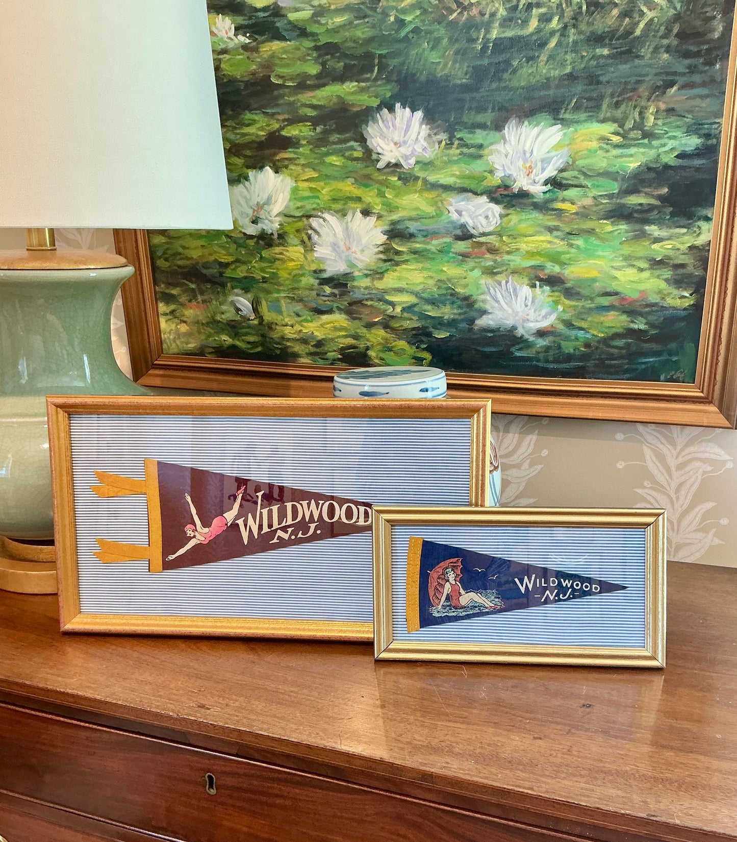 Vintage Wildwood New Jersey Swan Diver Felt Pennant on Blue Ticking Stripes in Gold Frame
