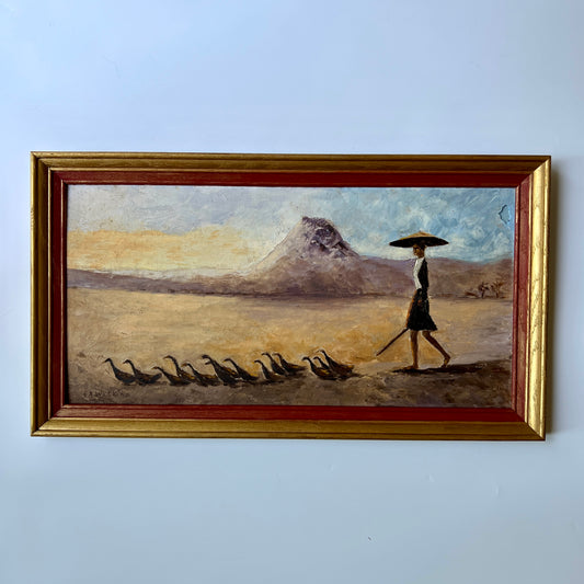 Vintage Girl Leading School of Ducks Oil Painting in Gold Frame