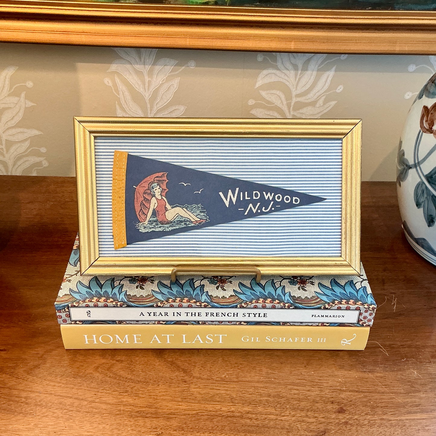 Vintage Wildwood New Jersey Sun Bather Felt Pennant on Blue Ticking Stripes in Gold Frame