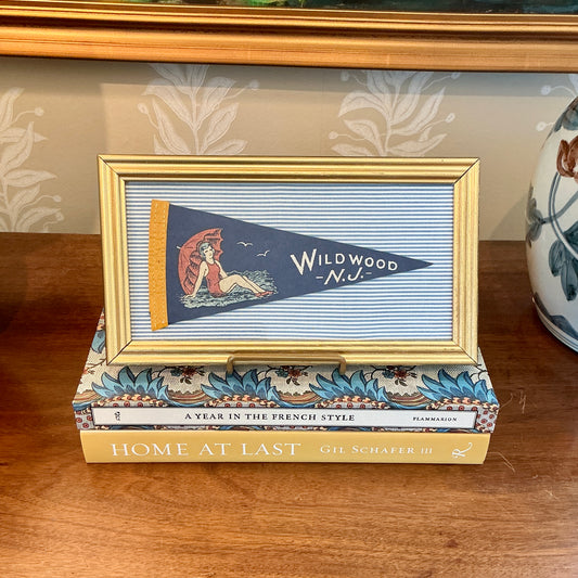 Vintage Wildwood New Jersey Sun Bather Felt Pennant on Blue Ticking Stripes in Gold Frame