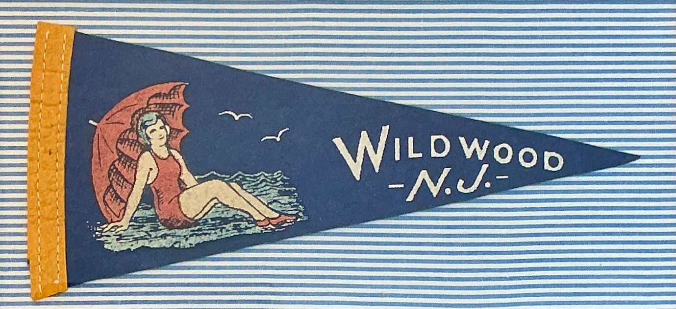 Vintage Wildwood New Jersey Sun Bather Felt Pennant on Blue Ticking Stripes in Gold Frame