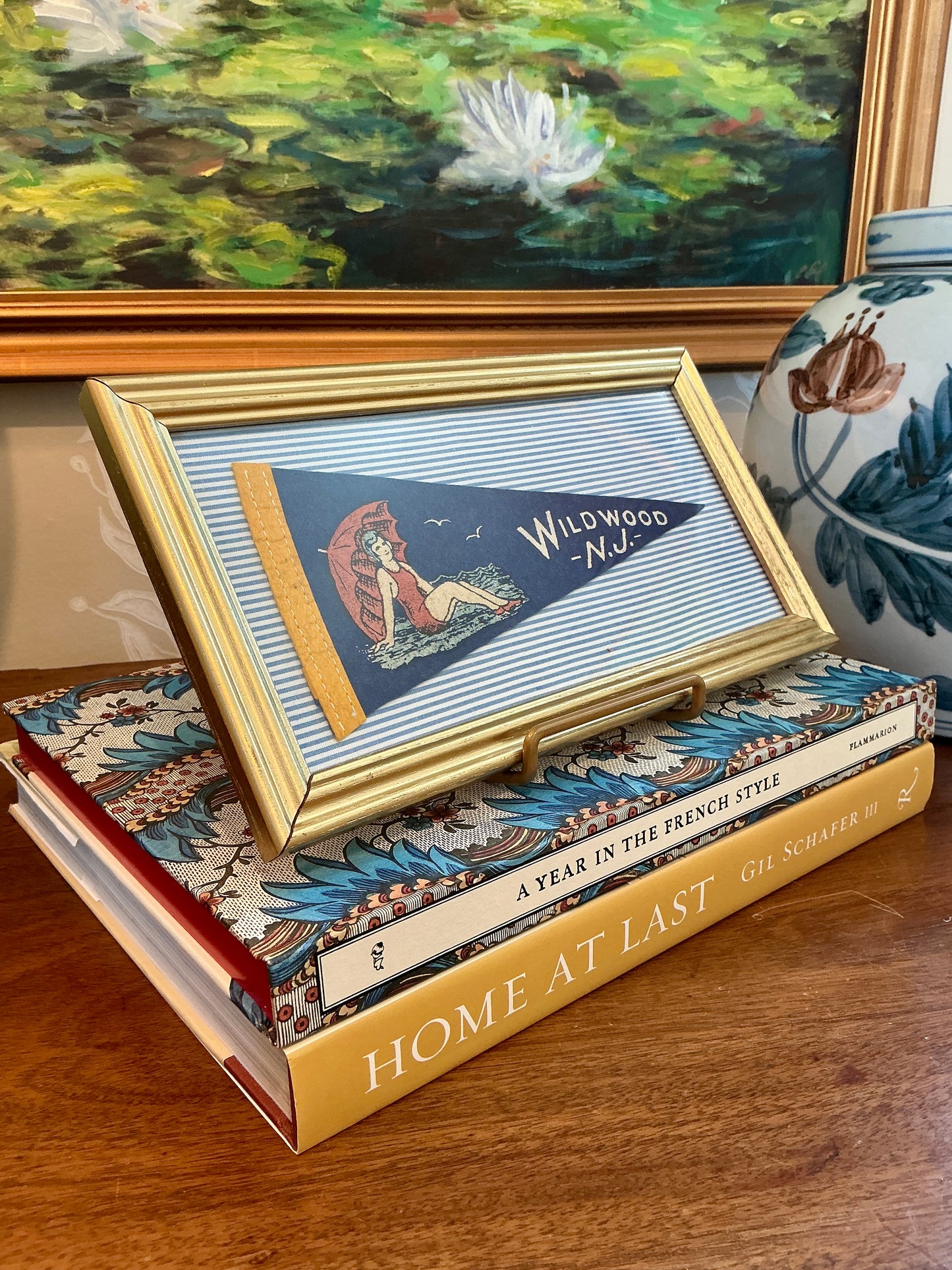 Vintage Wildwood New Jersey Sun Bather Felt Pennant on Blue Ticking Stripes in Gold Frame