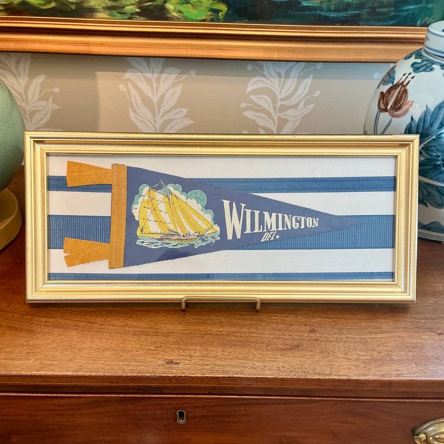 Vintage Wilmington Delaware Sailboat Felt Pennant on Watered Silk White and Blue Stripes in Gold Frame
