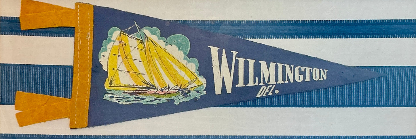 Vintage Wilmington Delaware Sailboat Felt Pennant on Watered Silk White and Blue Stripes in Gold Frame