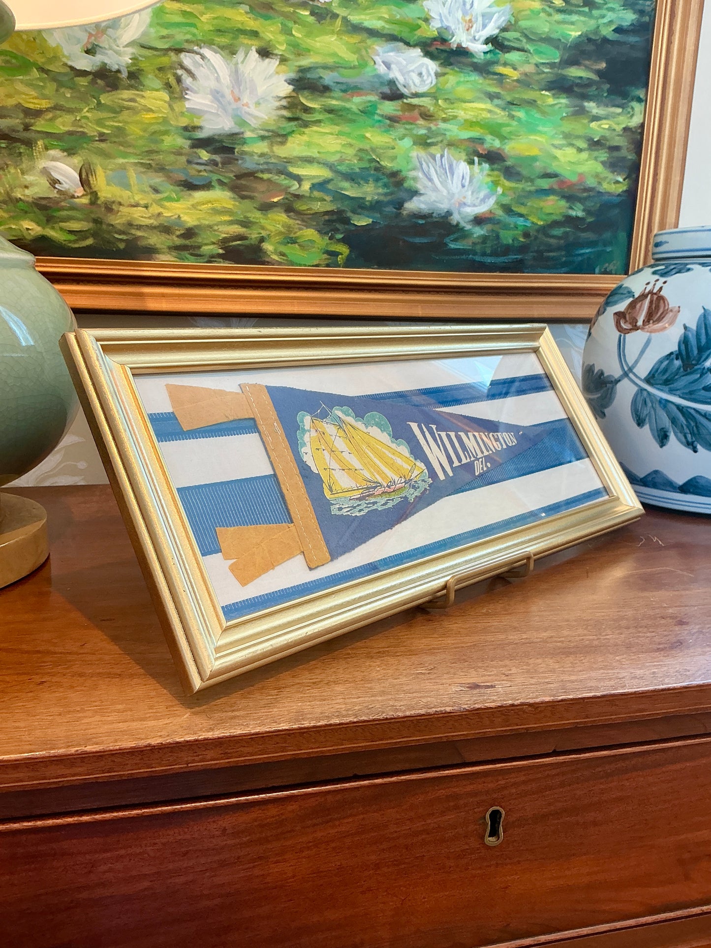 Vintage Wilmington Delaware Sailboat Felt Pennant on Watered Silk White and Blue Stripes in Gold Frame