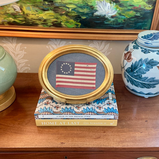 Betsy Ross 13 Star American Flag on Dark Blue Twill in Oval Gold Italian Frame