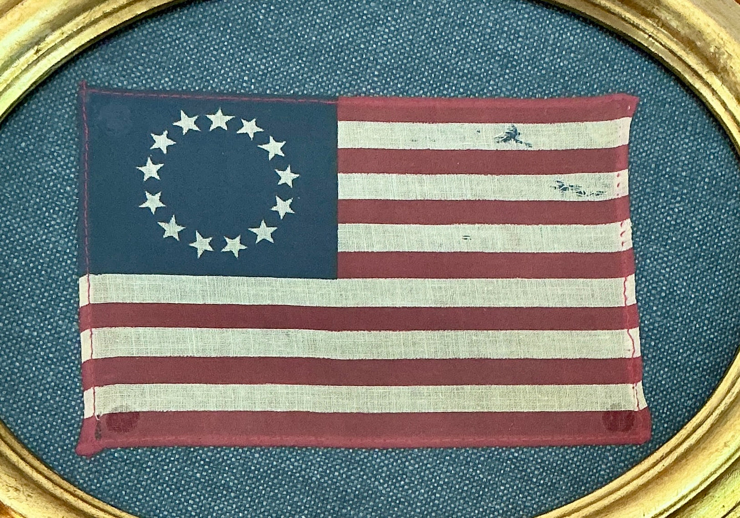 Betsy Ross 13 Star American Flag on Dark Blue Twill in Oval Gold Italian Frame