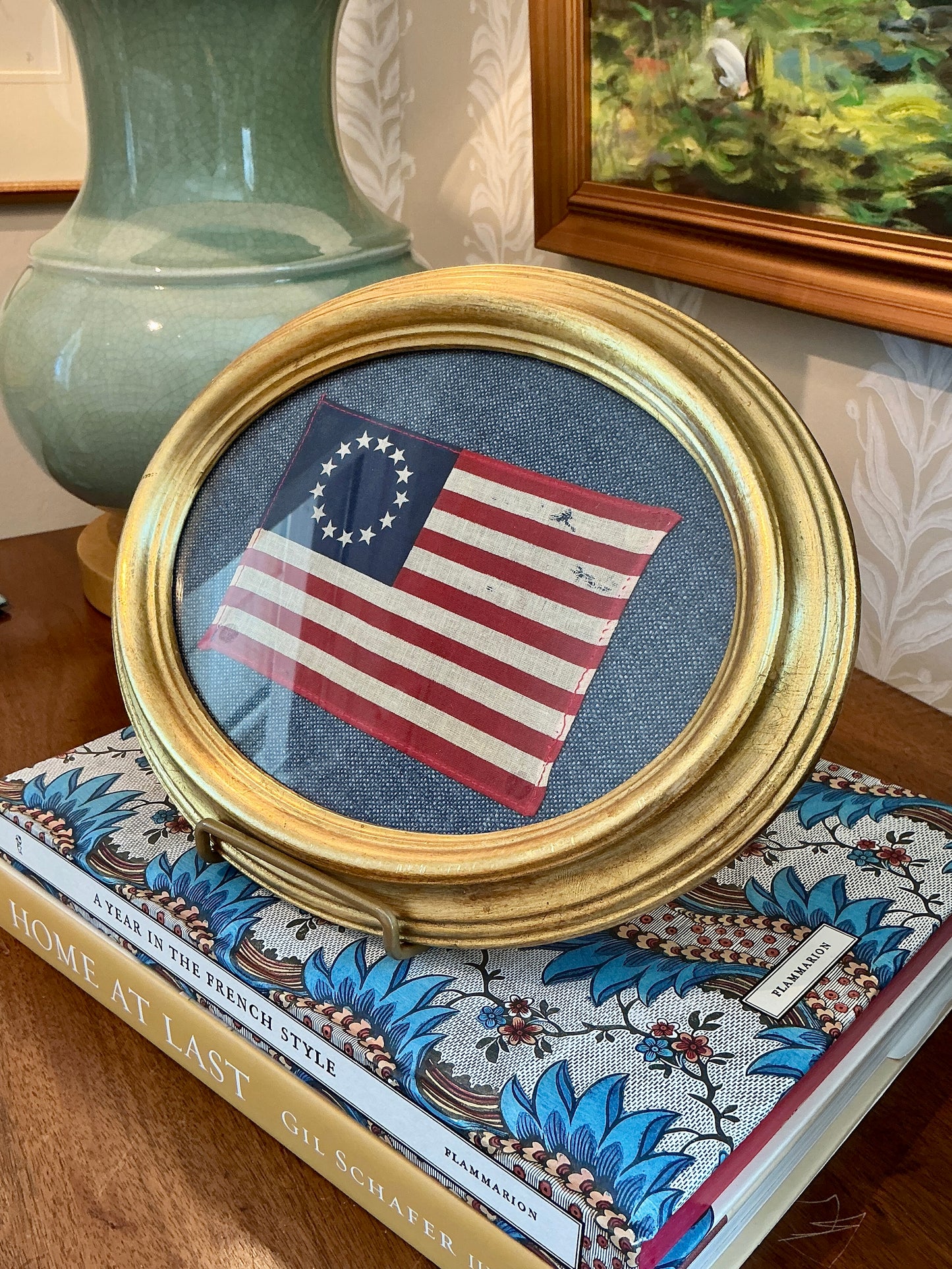 Betsy Ross 13 Star American Flag on Dark Blue Twill in Oval Gold Italian Frame