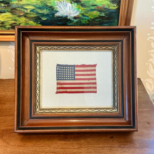 48 Star American Flag on Sail Cloth in Deep 19th Century Wood and Gilded Frame
