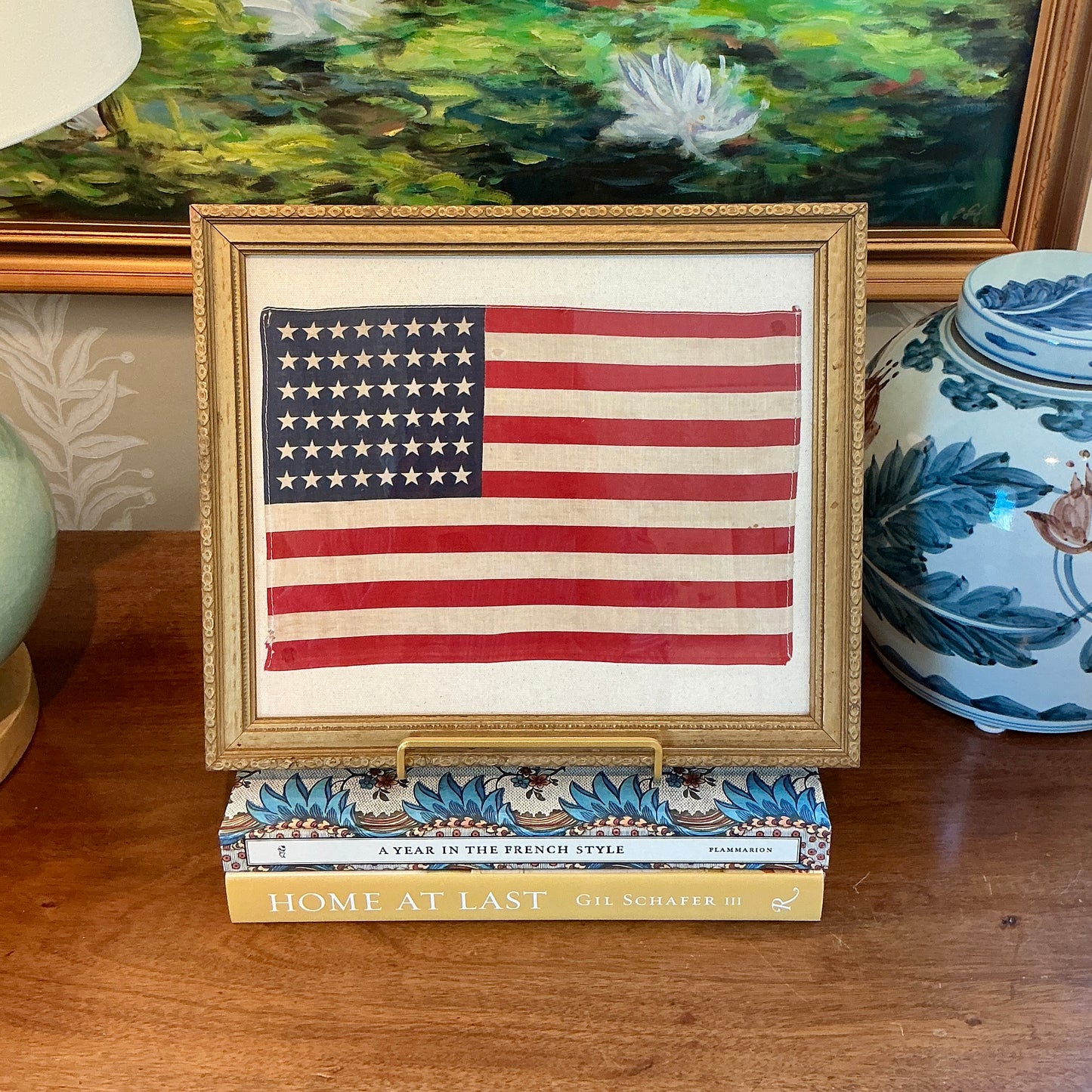 Vintage 48 Star American Flag on Sail Cloth in Antique Carved Gold Frame
