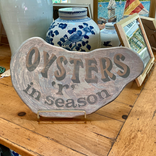 Vintage Hand Painted Oysters 'R' In Season Wood Trade Sign