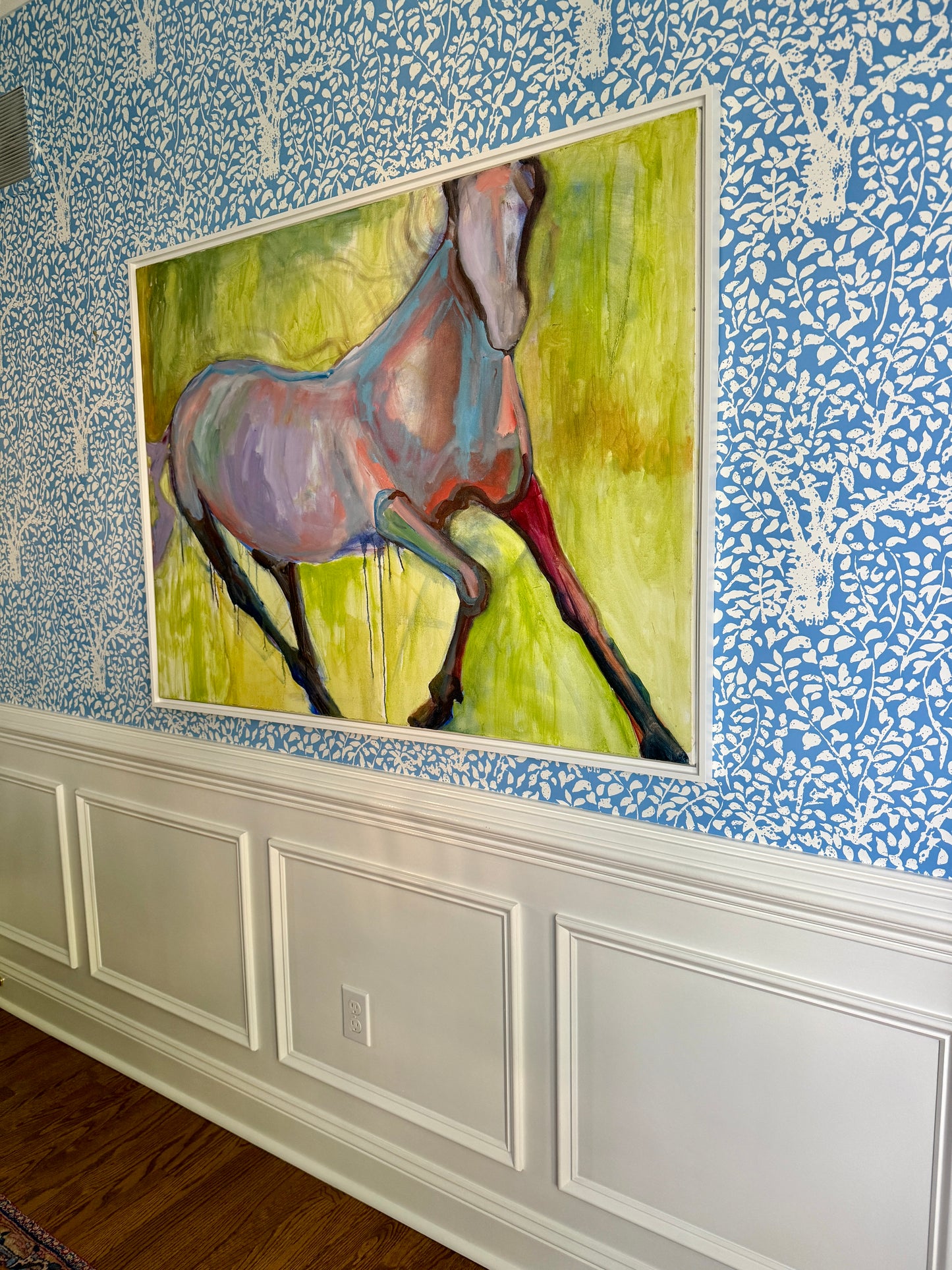 Gretchen McGinnis Gallop Horse Portrait Oil Painting in White Floater Frame