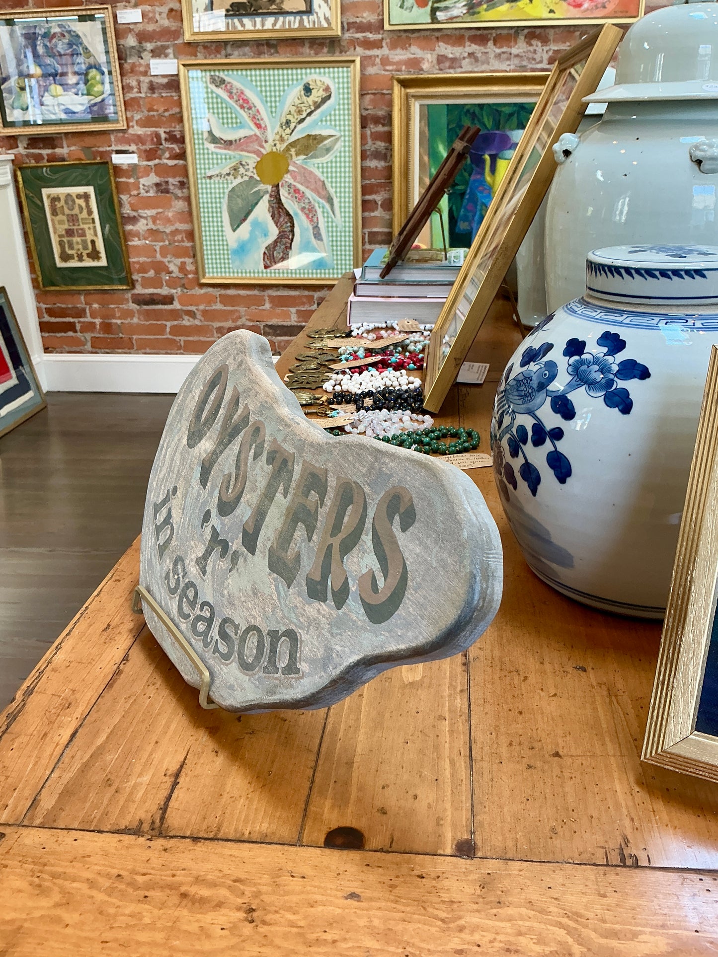 Vintage Hand Painted Oysters 'R' In Season Wood Trade Sign
