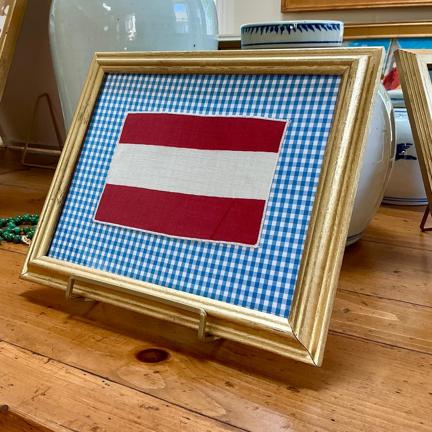 Vintage Cotton Nautical Yachting Signal Flag for "7" on Blue Gingham in Gold Frame