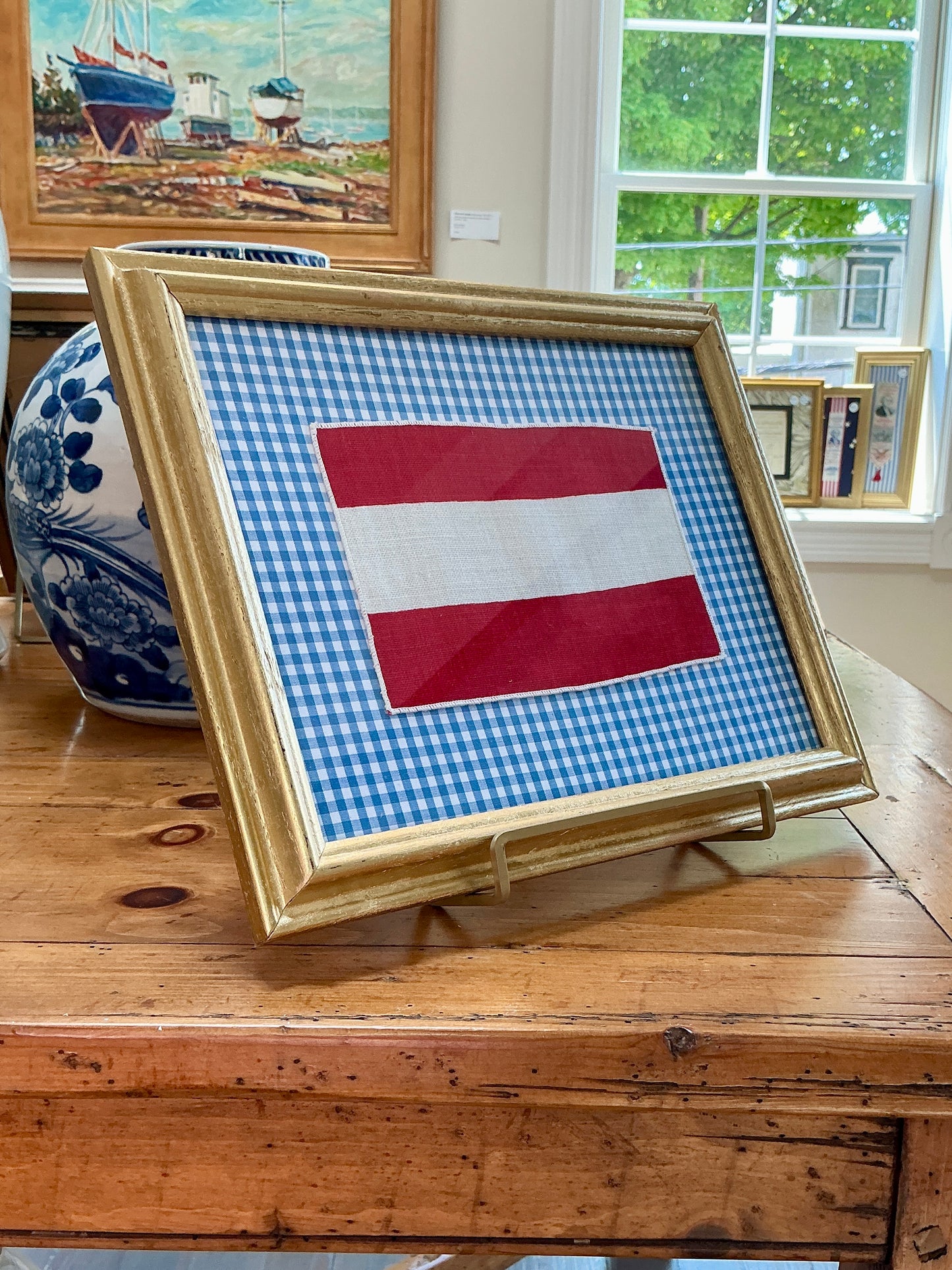 Vintage Cotton Nautical Yachting Signal Flag for "7" on Blue Gingham in Gold Frame