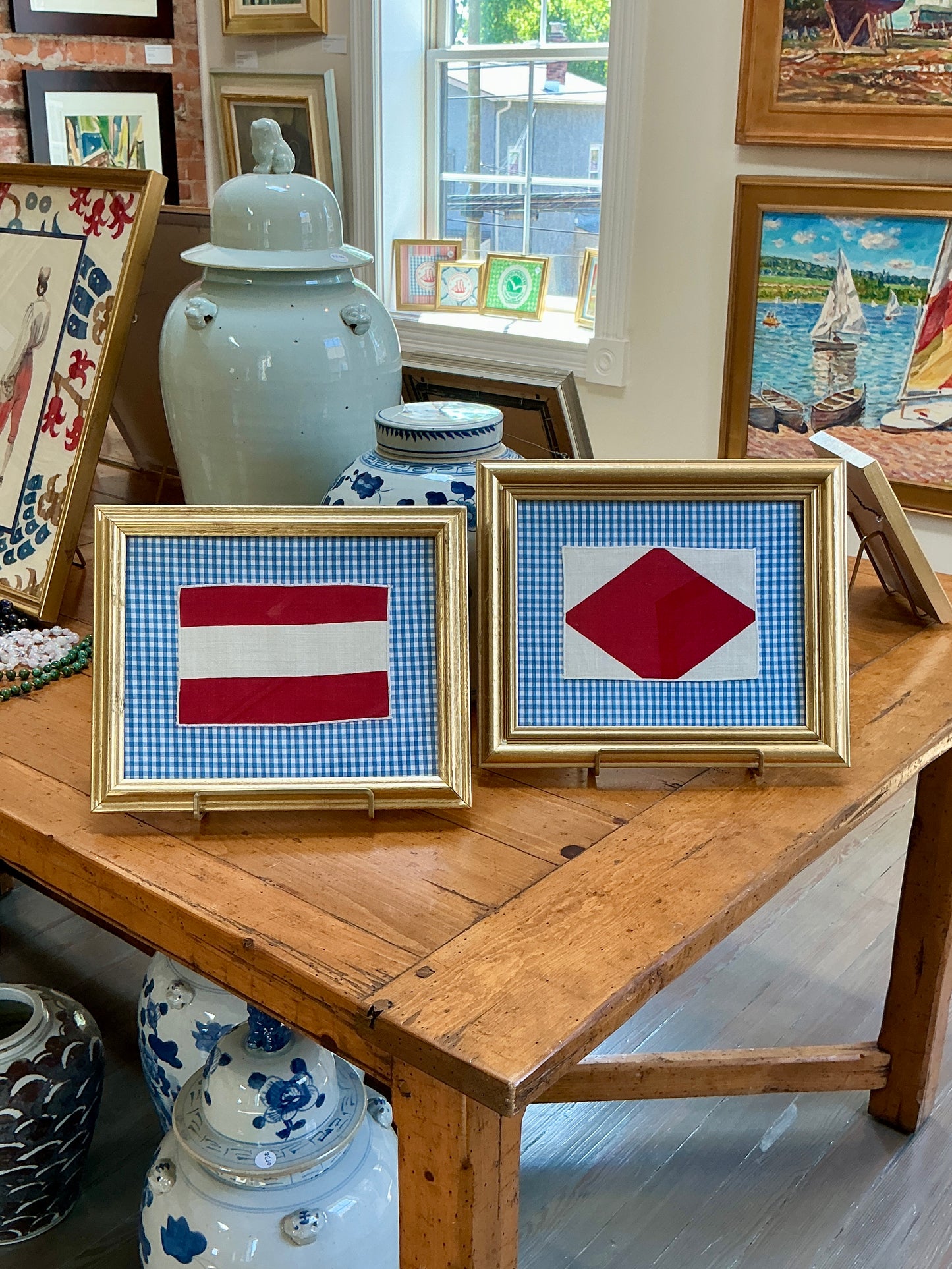 Vintage Cotton Nautical Yachting Signal Flag for "7" on Blue Gingham in Gold Frame