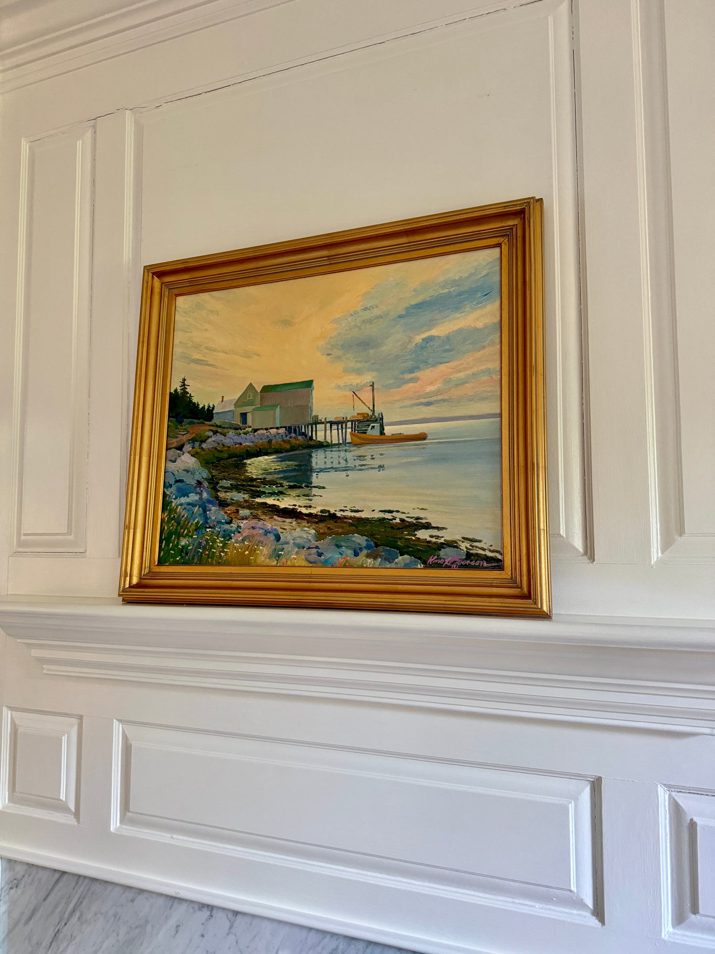 Knox Everson Coastal Twilight Golden Hour Harborscape Oil Painting in Gold Frame