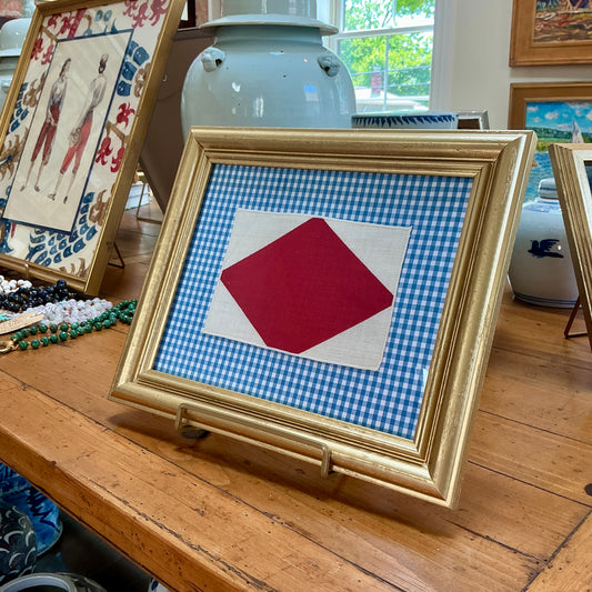 Vintage Cotton Nautical Yachting Signal Flag for "F" / "Foxtrot" on Blue Gingham in Gold Frame