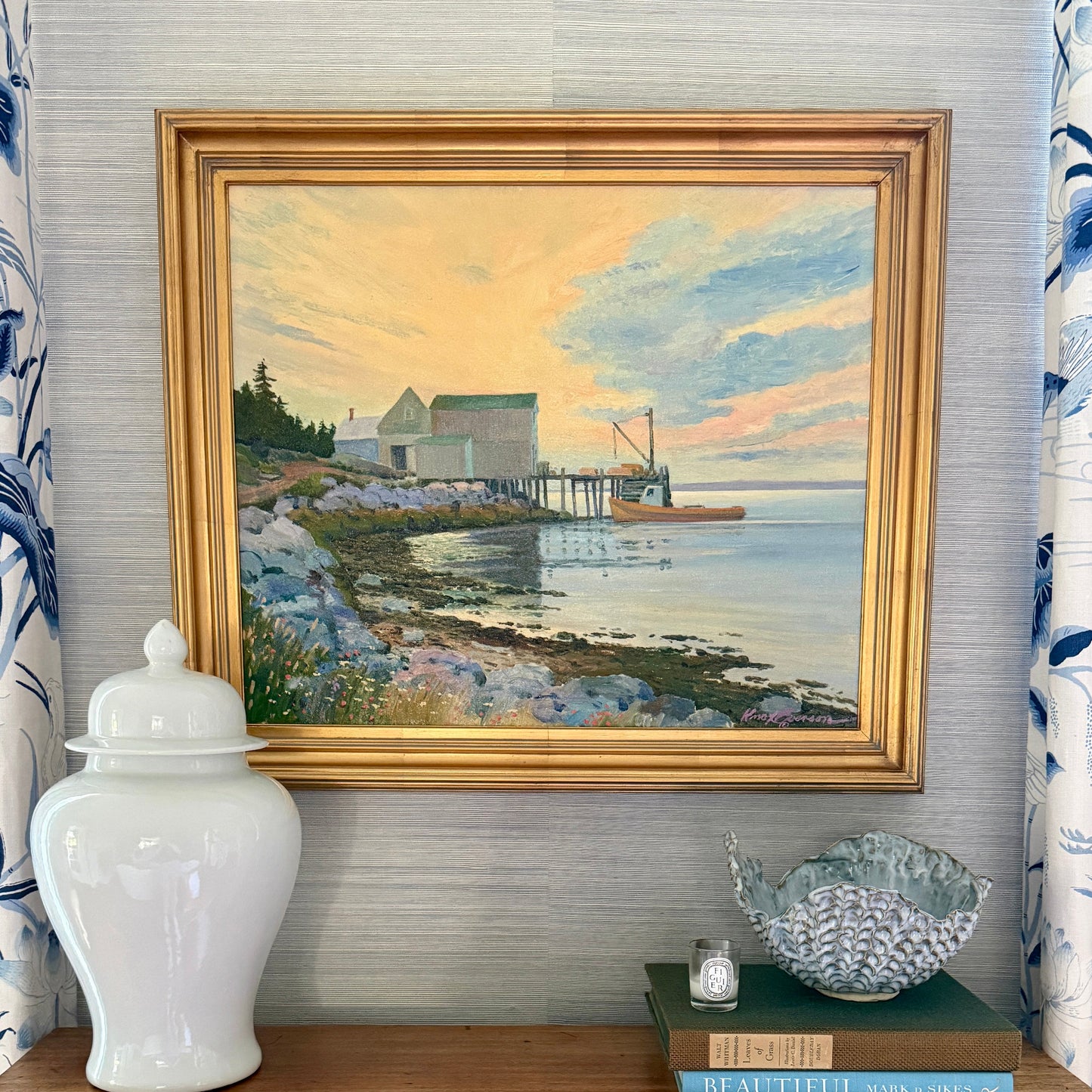 Knox Everson Coastal Twilight Golden Hour Harborscape Oil Painting in Gold Frame