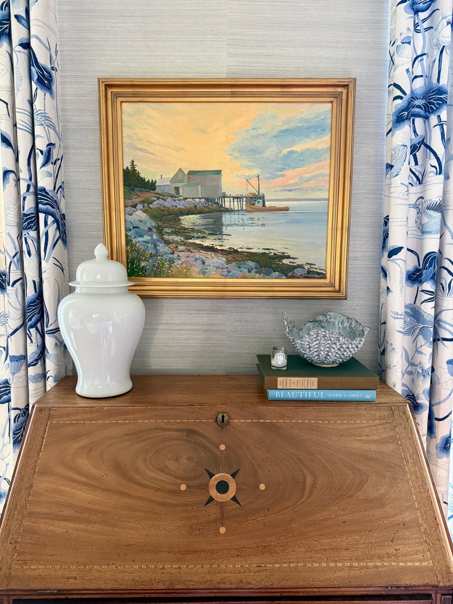 Knox Everson Coastal Twilight Golden Hour Harborscape Oil Painting in Gold Frame
