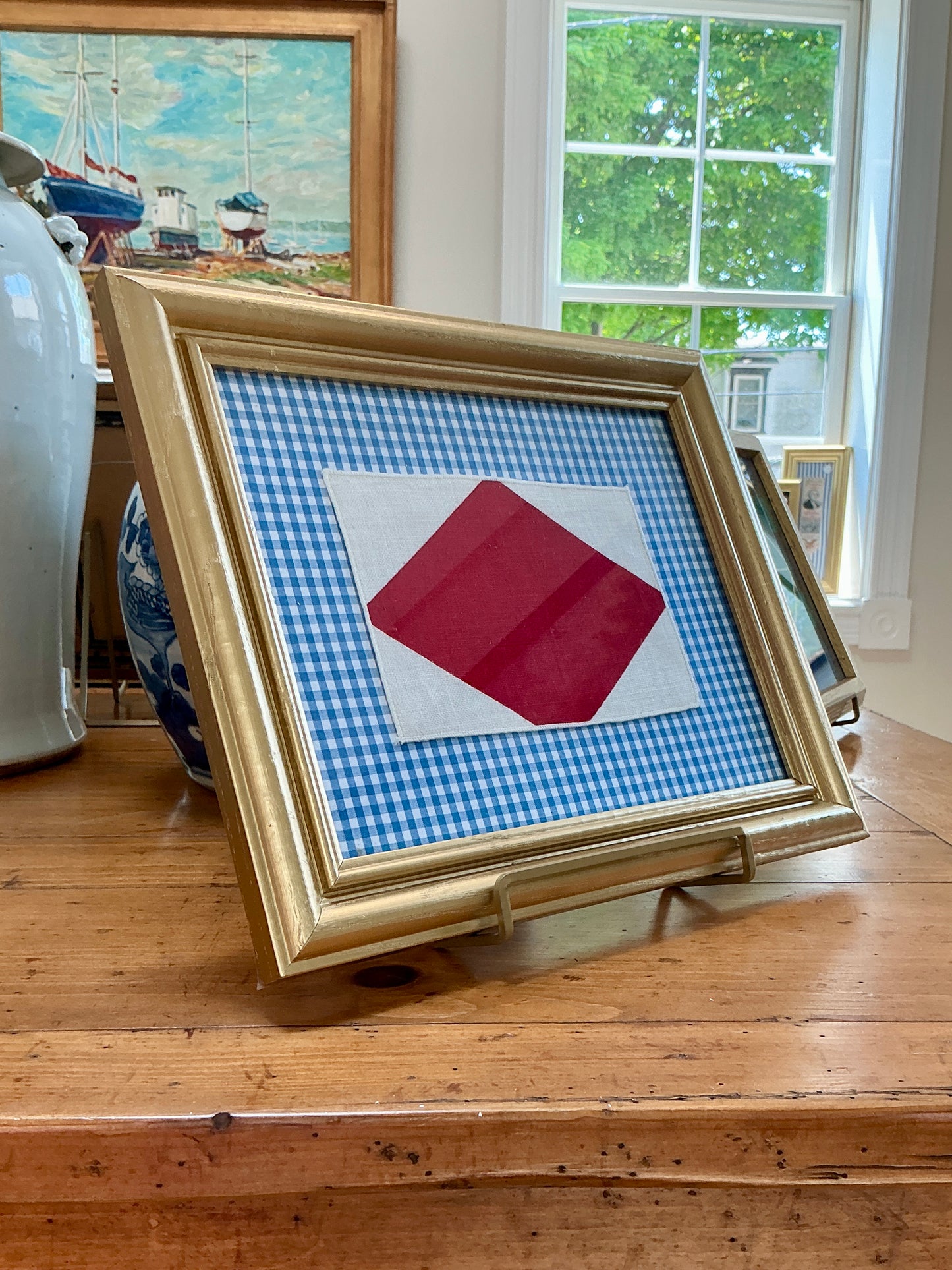 Vintage Cotton Nautical Yachting Signal Flag for "F" / "Foxtrot" on Blue Gingham in Gold Frame