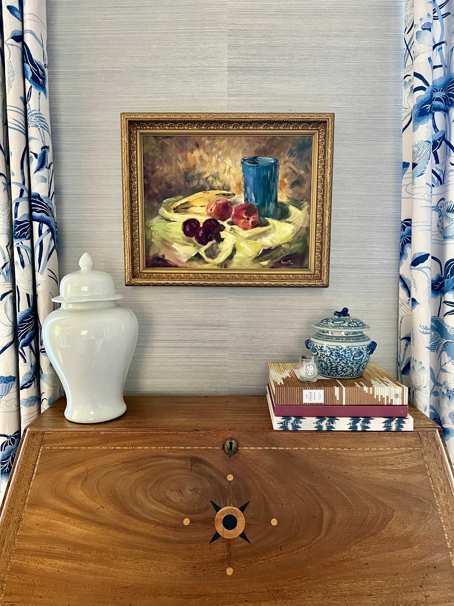 Vintage Still Life of Banana, Peaches, Plums Oil Painting in Ornate Gilt Frame