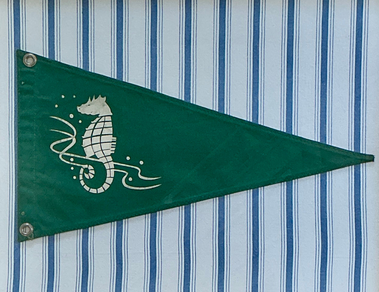 Vintage Canvas Green Seahorse Bow Yachting Pennant on White and Blue Stripes in Gold Frame