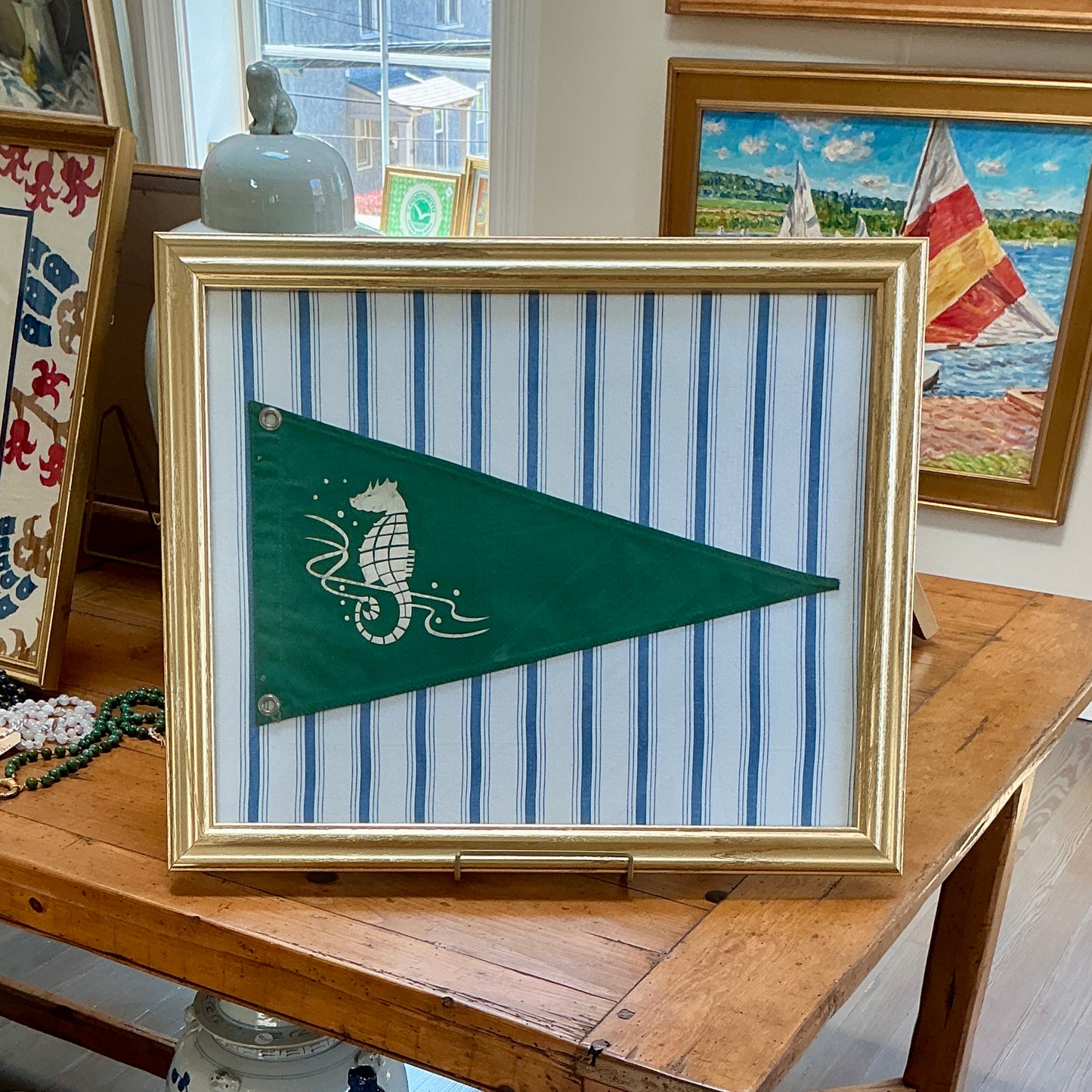 Vintage Canvas Green Seahorse Bow Yachting Pennant on White and Blue Stripes in Gold Frame