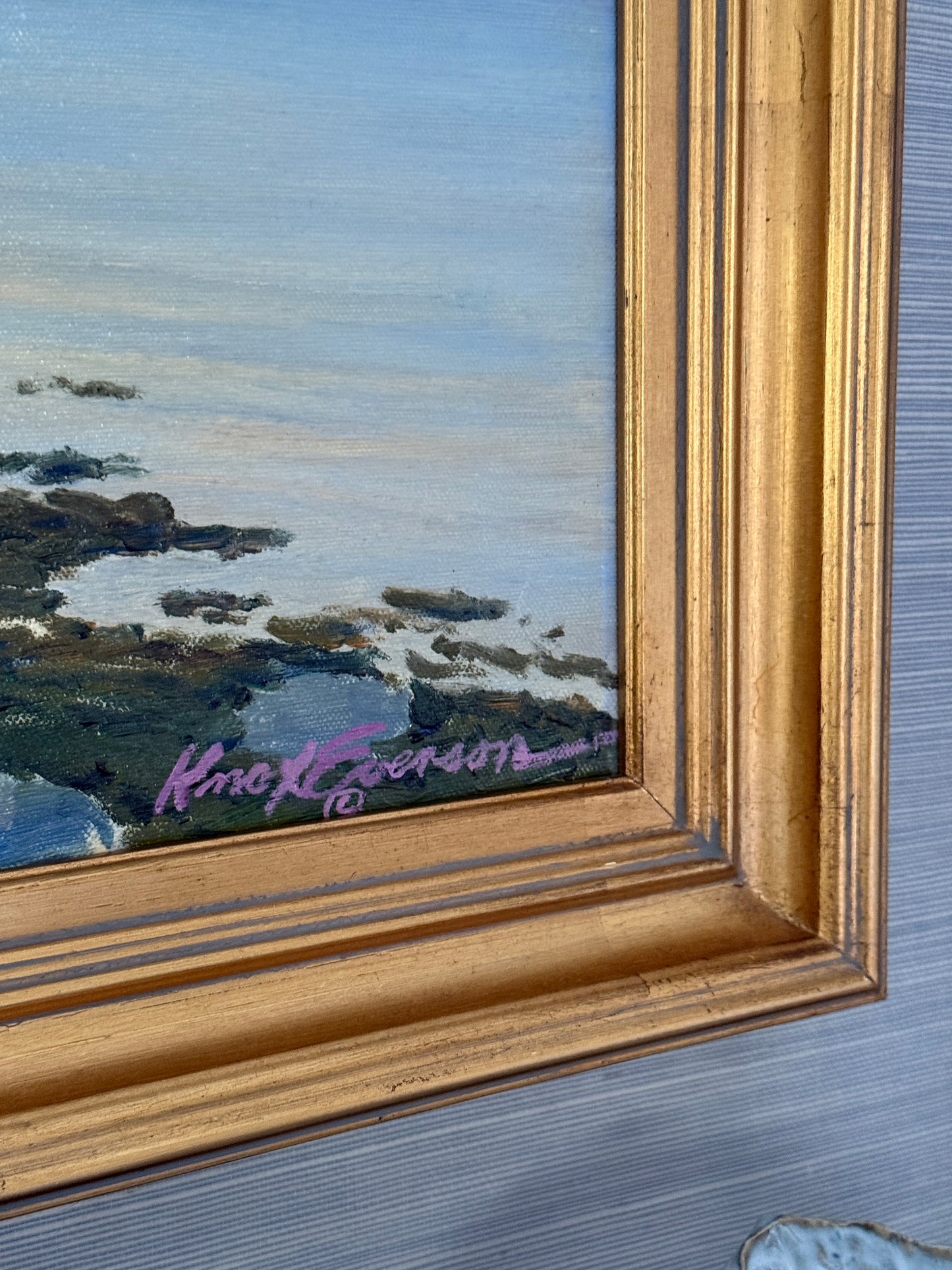 Knox Everson Coastal Twilight Golden Hour Harborscape Oil Painting in Gold Frame