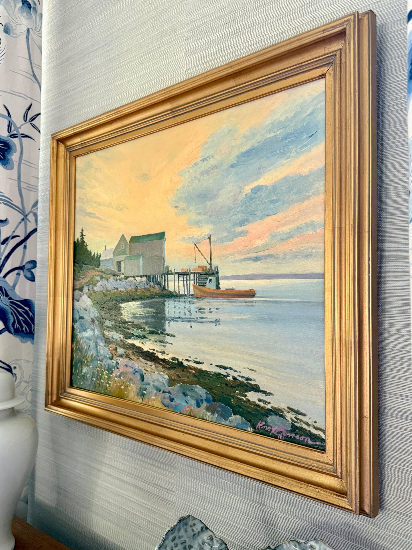 Knox Everson Coastal Twilight Golden Hour Harborscape Oil Painting in Gold Frame