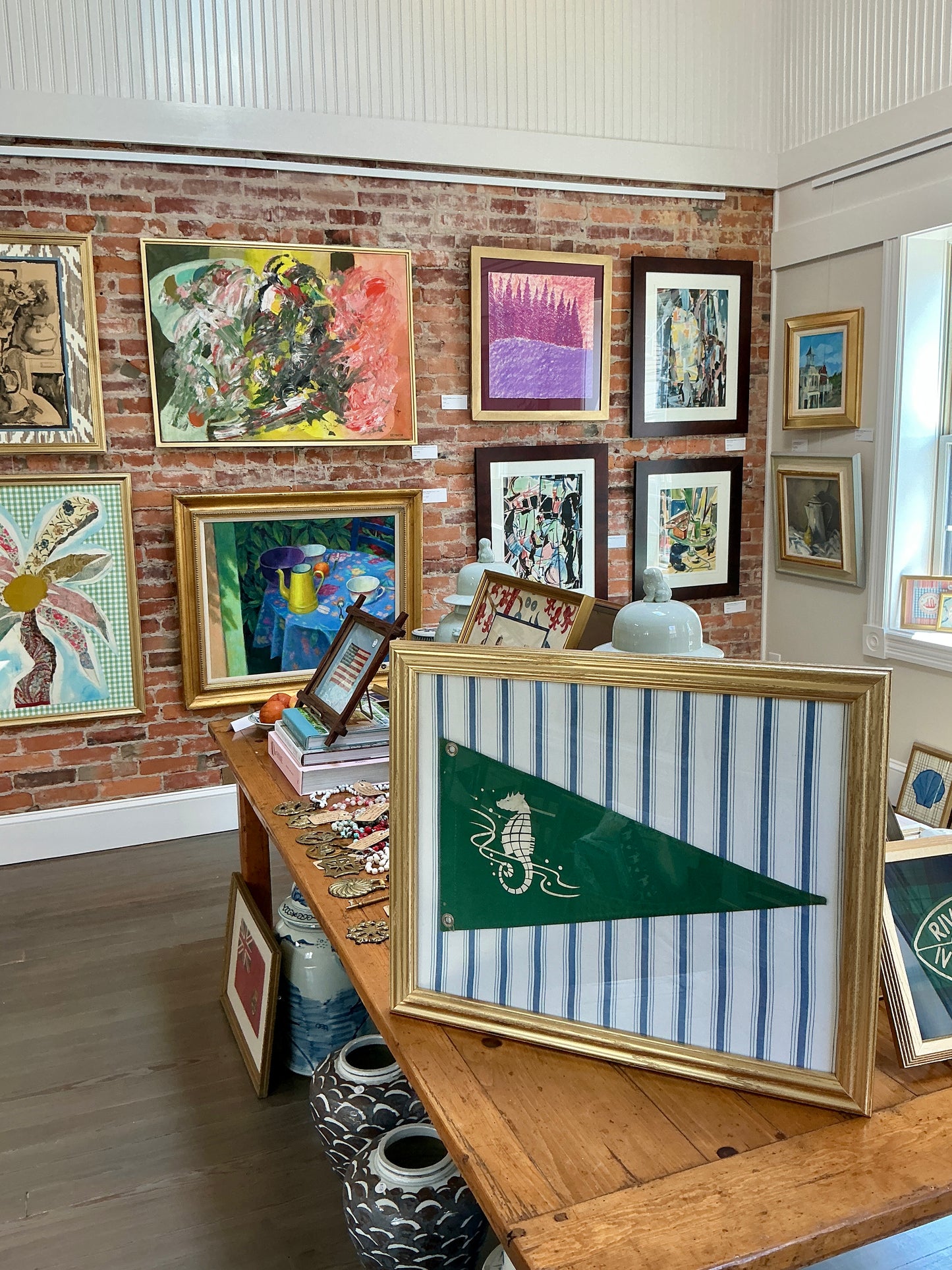 Vintage Canvas Green Seahorse Bow Yachting Pennant on White and Blue Stripes in Gold Frame