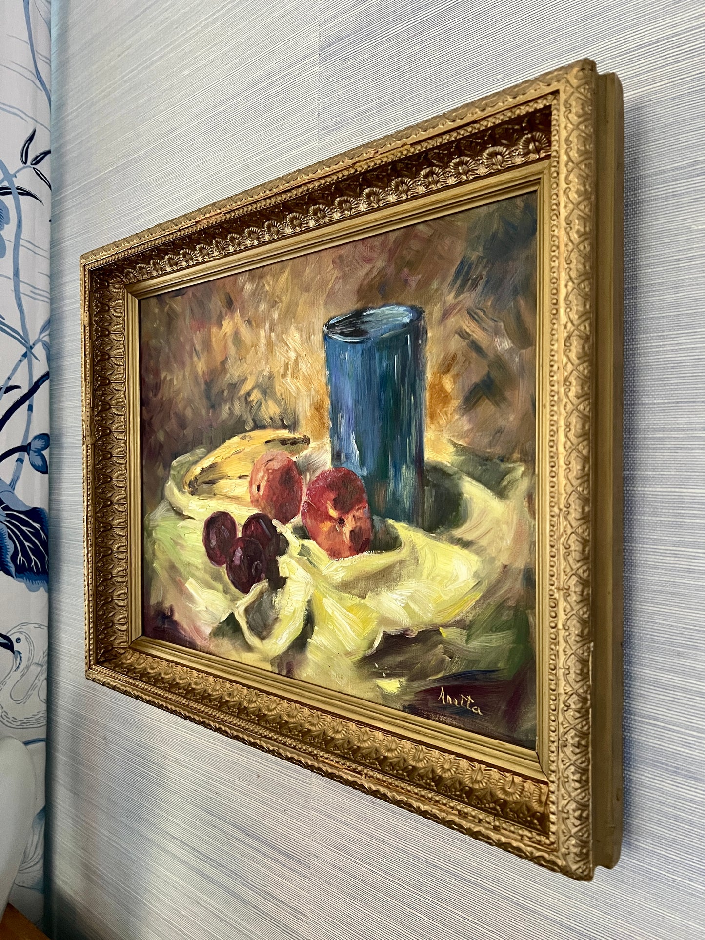 Vintage Still Life of Banana, Peaches, Plums Oil Painting in Ornate Gilt Frame