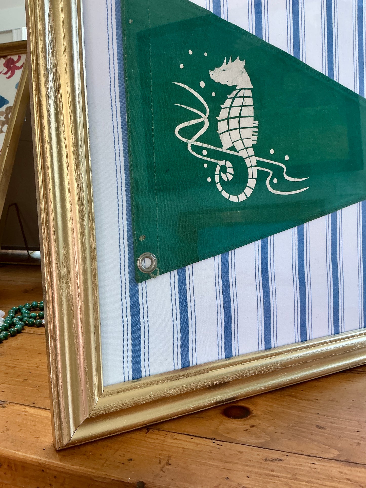 Vintage Canvas Green Seahorse Bow Yachting Pennant on White and Blue Stripes in Gold Frame