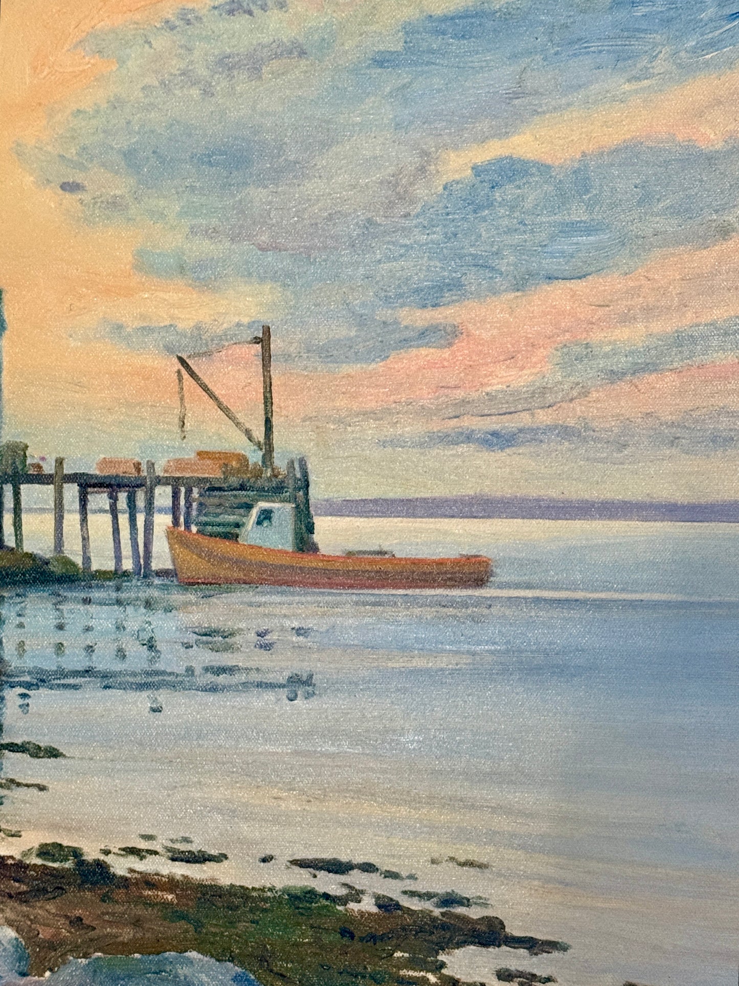 Knox Everson Coastal Twilight Golden Hour Harborscape Oil Painting in Gold Frame