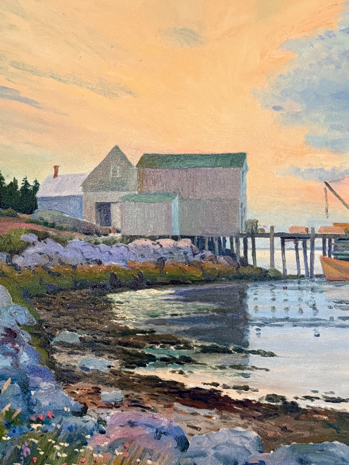 Knox Everson Coastal Twilight Golden Hour Harborscape Oil Painting in Gold Frame