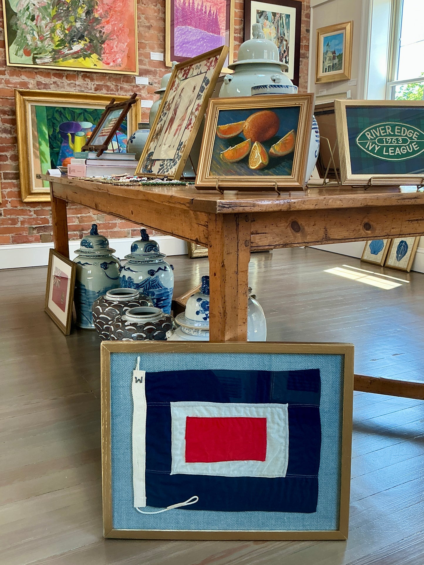 Vintage Cotton Canvas Nautical Signal Flag "W" / "Whiskey" on Light Blue Herringbone in Gold Frame