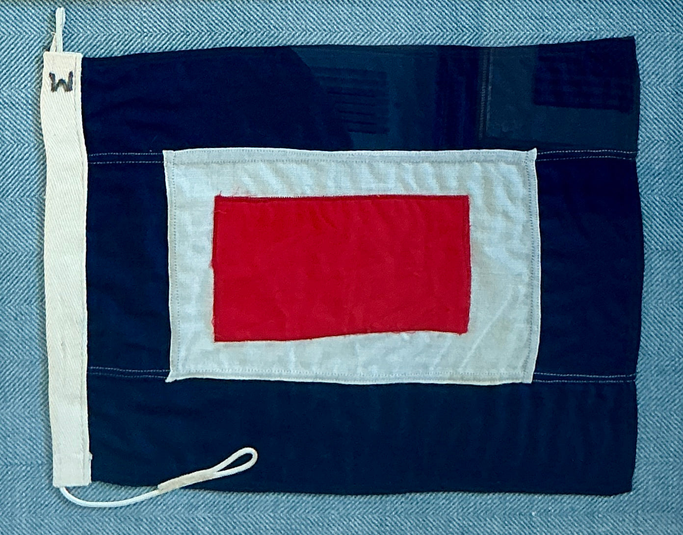 Vintage Cotton Canvas Nautical Signal Flag "W" / "Whiskey" on Light Blue Herringbone in Gold Frame